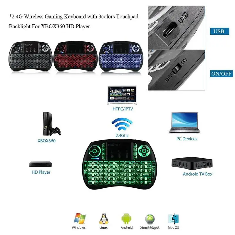 IPazzport Франция Руссо Teclado 3 ядра задний светильник Sem Fio Mini Mouse Para Android TV Box/Smart Framboesa
