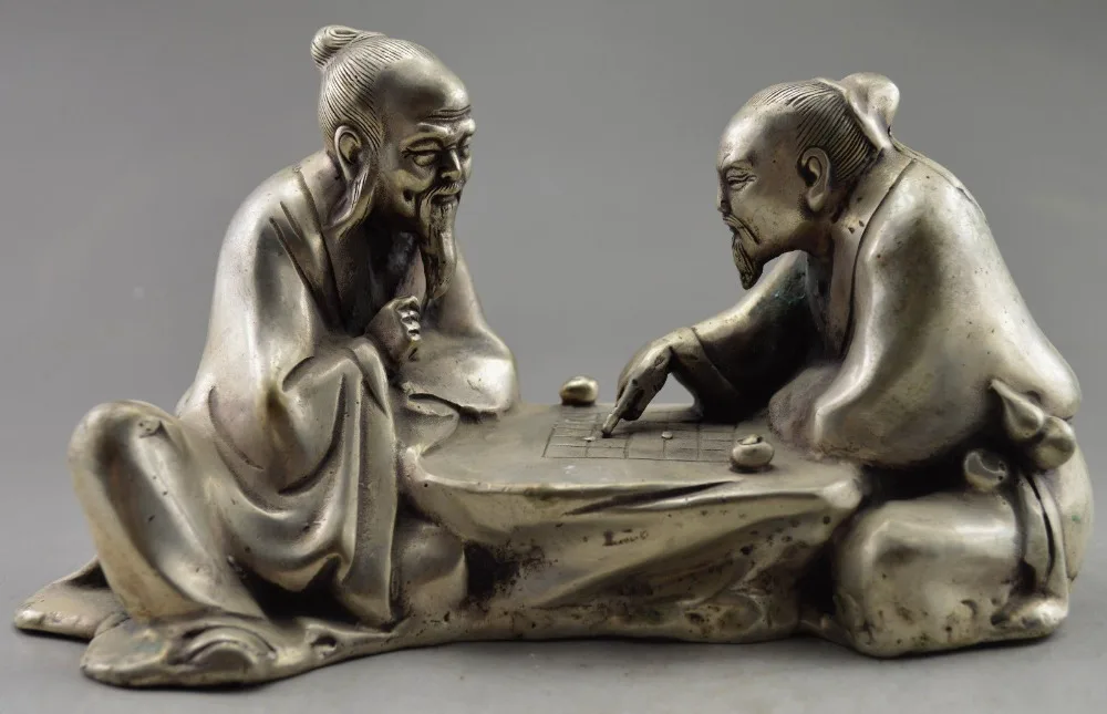 

Metal Crafts Collectible Decorated Old Handwork Tibet Silver Carved 2 Elder Play Chess Statue fast Shipping