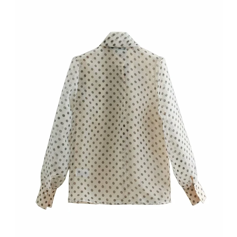 Женская милая печать в горошек, Повседневная блузка из органзы, женская рубашка с длинным рукавом и бантом, Женская сорочка