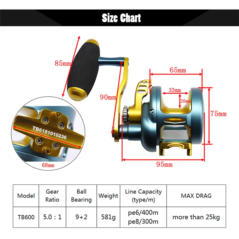 Fishing Jigging Reel  Saltwater Boat Slow Jigging Reel 5.0:1 CNC Aluminium Full Metal Trolling Reel 9+2BB TB600BG