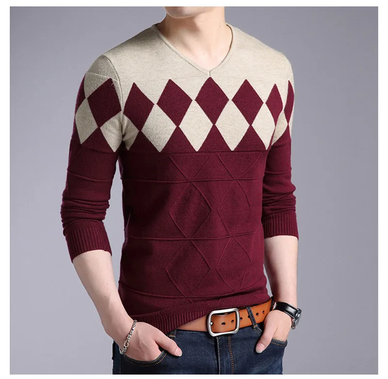 Кашемировый шерстяной свитер для мужчин, новинка, Осень-зима, приталенный пуловер для мужчин, с узором в виде Аргайла, v-образный вырез, мужские Рождественские свитера