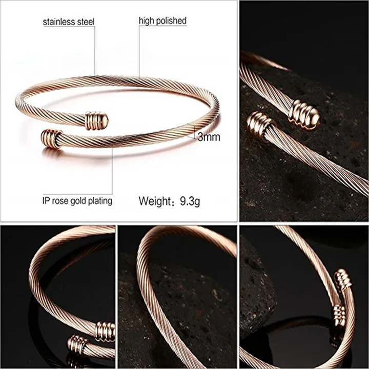4 Unisex Elastic Cable Wire Bangle Stainless Steel Bracelet Screw with Removable End Plug Twisted Cuff Charm Beads fit DIY Jewelry