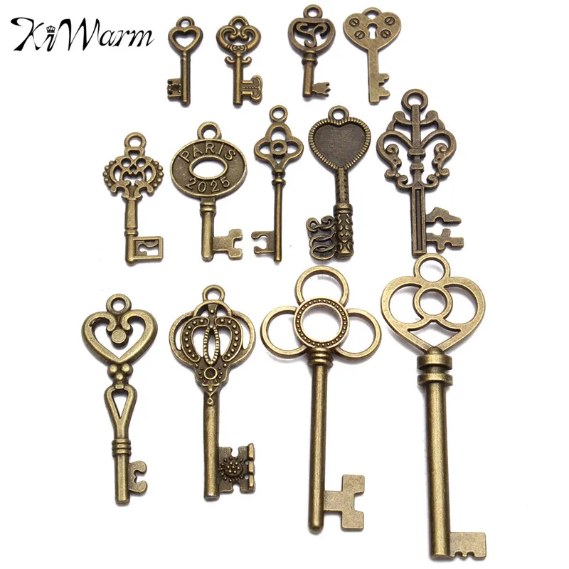 19Pcs Antique Vintage Old Look Skeleton Key Set Lot Pendant Heart Bow Lock