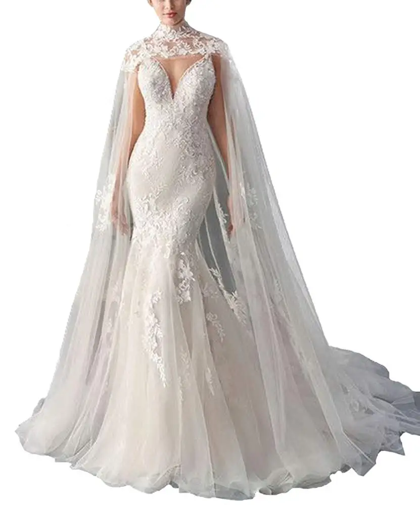 

New Arrival High Neck Lace Bridal Wedding Capes White/Ivory 2.5 Meters Long Wedding Wraps for Bride