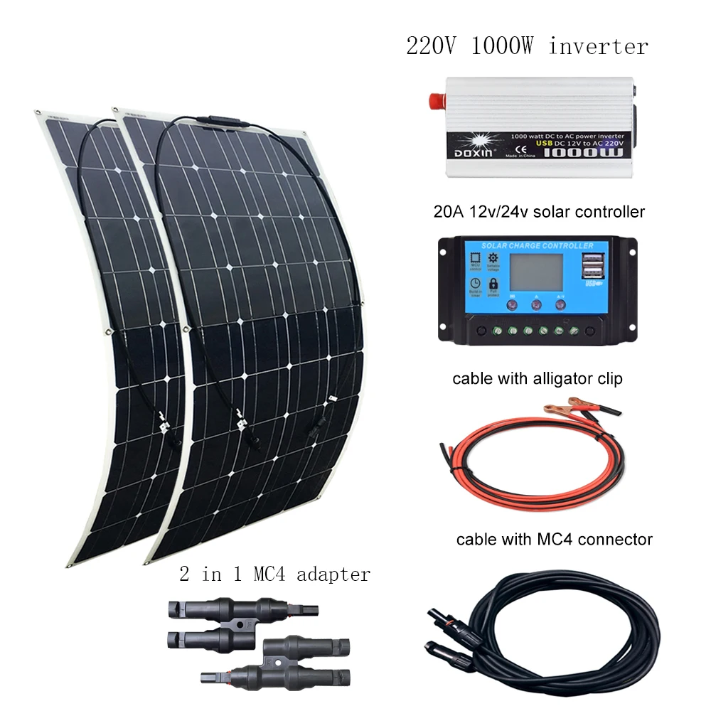 BOGUANG Панель солнечных батарей 220V 200w 12V 12V 12v 20A контроллер 1000W инвертор 100 w комплект солнечных батарей система для дома для дома для Casa con bateria