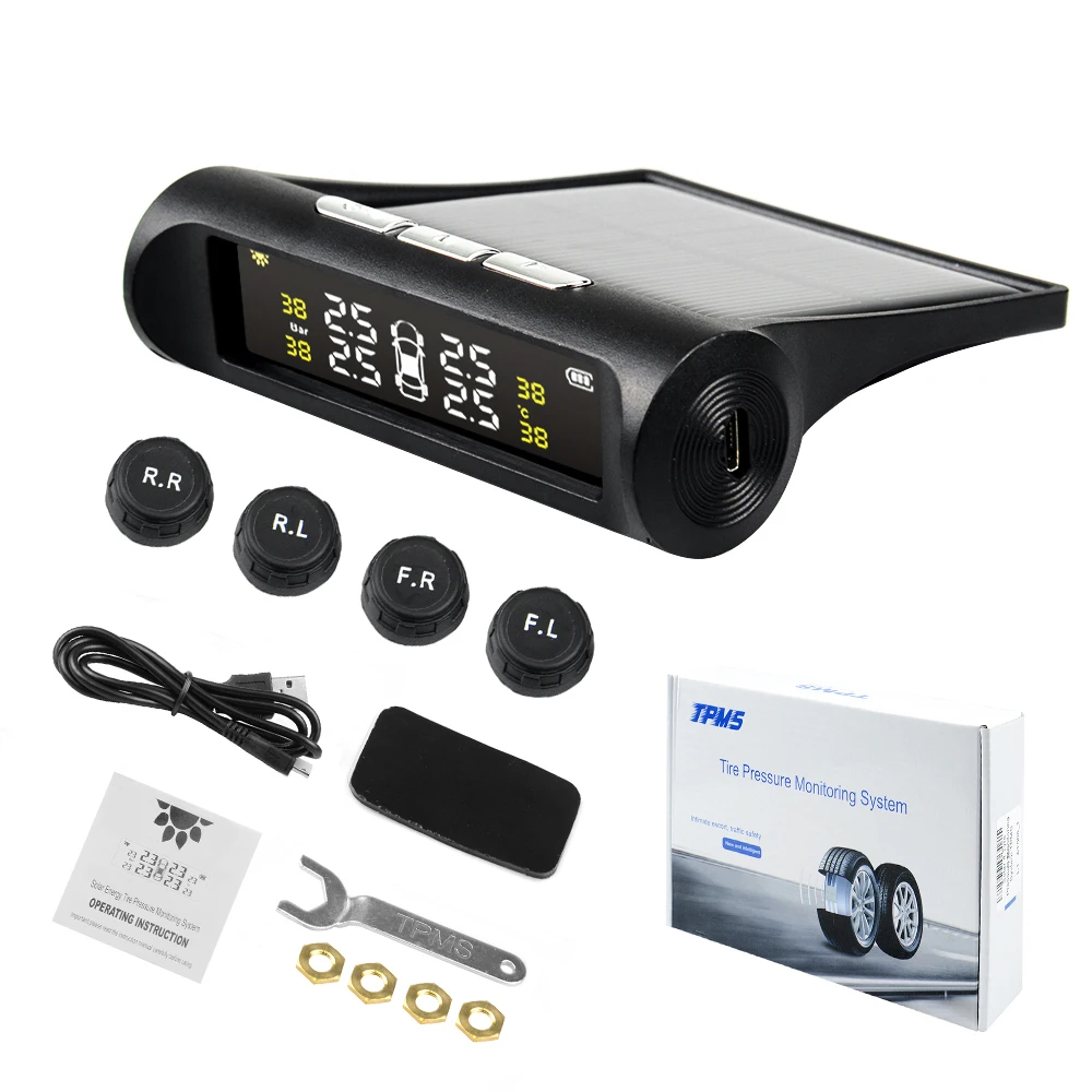 

TPMS Car Tire Pressure Solar Power USB Monitoring System LCD Display 4 External Sensors Temperature Warning