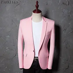 Розовый Slim Fit Повседневное мужской бейзер пиджак 2019 новый на пуговицах, с разрезом с лацканами Для мужчин s костюм куртки вечерние