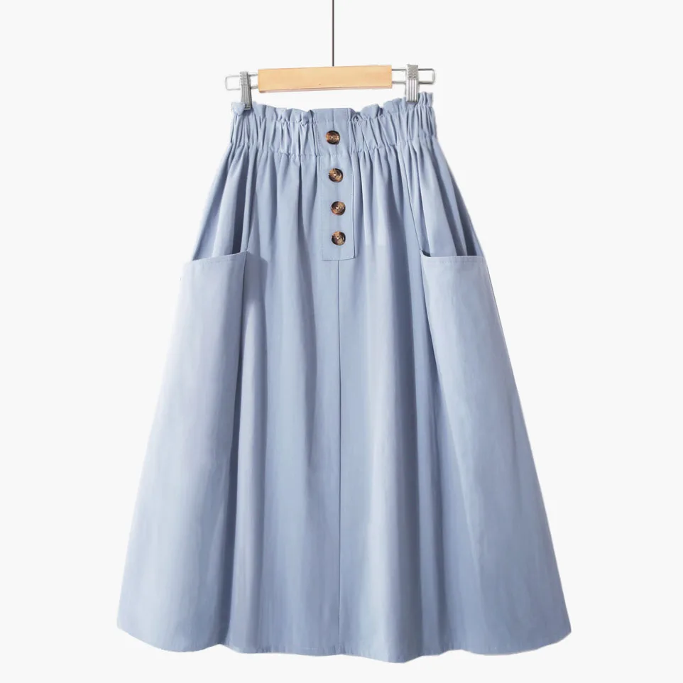 

2019 Spring Summer Skirts Women Vintage High Waist Single-breasted Midi Skirt Pocket Student Solid Loose A-Line Faldas Mujer