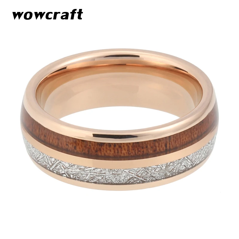 8mm Black Tungsten Carbide Ring for Men Women Wedding Band Real Koa Wood Meteorite Inlay Couple Rings Rose Gold Silver Colors