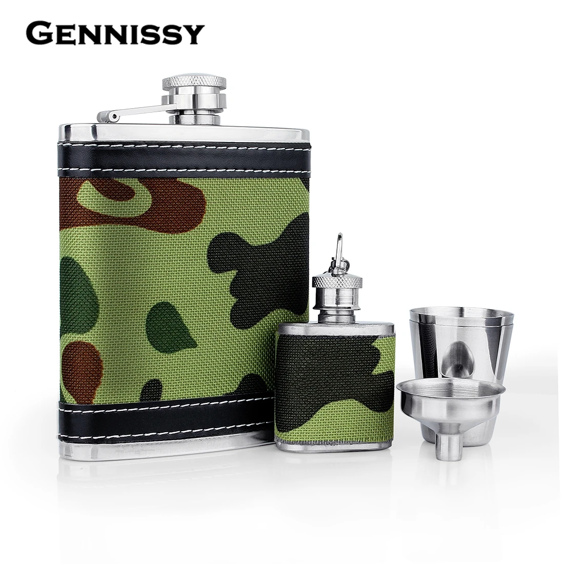 GENNISSY 7OZ Camouflage Stainless Steel Hip Flask Set For Men 2 Cups 1