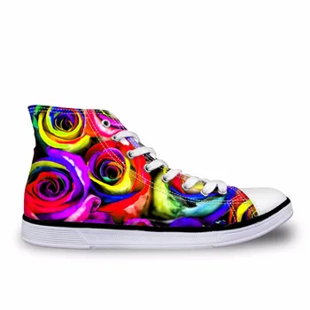 

Noisydesigns Male vintage high top sneakers Boys casual lace up vulcanized Men rainbow color roses 3D print flat canvas shoes