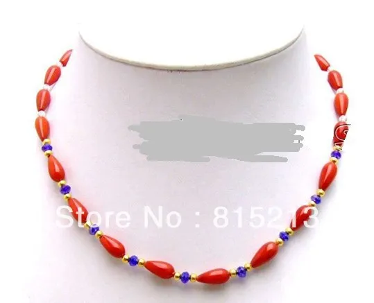 

ddh0028 SALE 6*12mm Drop Red High Quality natural Coral &rhinestone 17" necklace