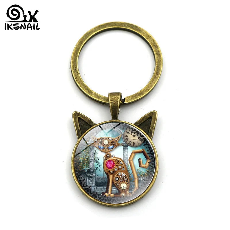 

IKSNAIL Retro Robot Cat Crystal Glass Key Rings Cat Series Cat Ear Key Chains Holder Bag Car Time Gemstone Keychains llaveros