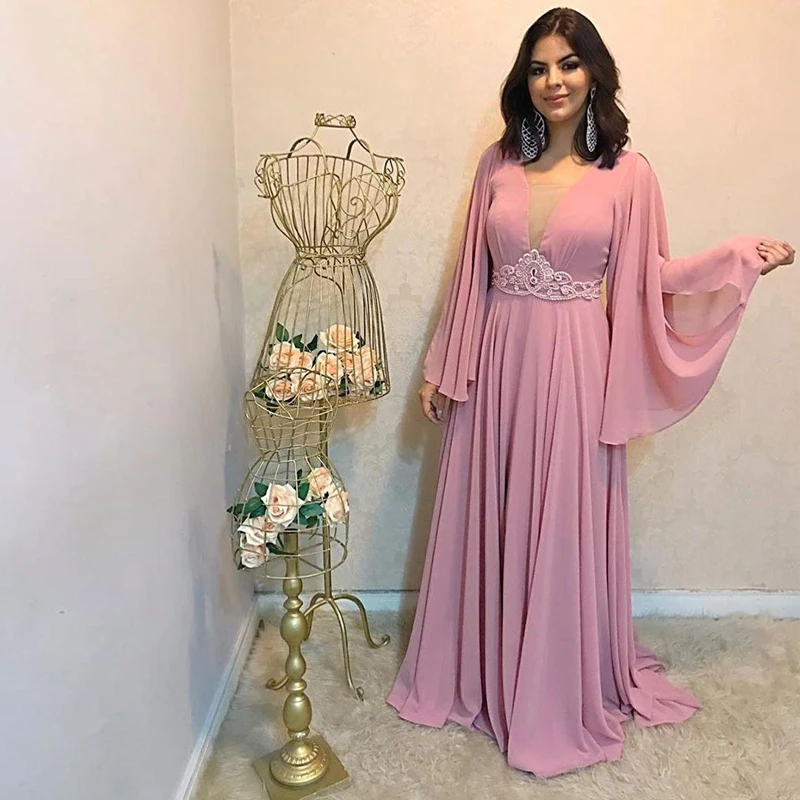 

Elegant Cape A Line Chiffon Arabic Dubai Evening Dresses Beading Waist Long Sleeve Formal Gown Floor Length Prom Dress