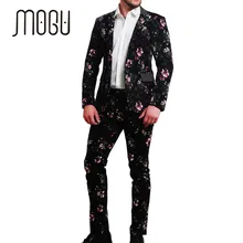MOGU 2017 New Two Piece Men Suits Floral Print Cotton Fabric Slim Fit Fashion Stylish in Mens Clothing