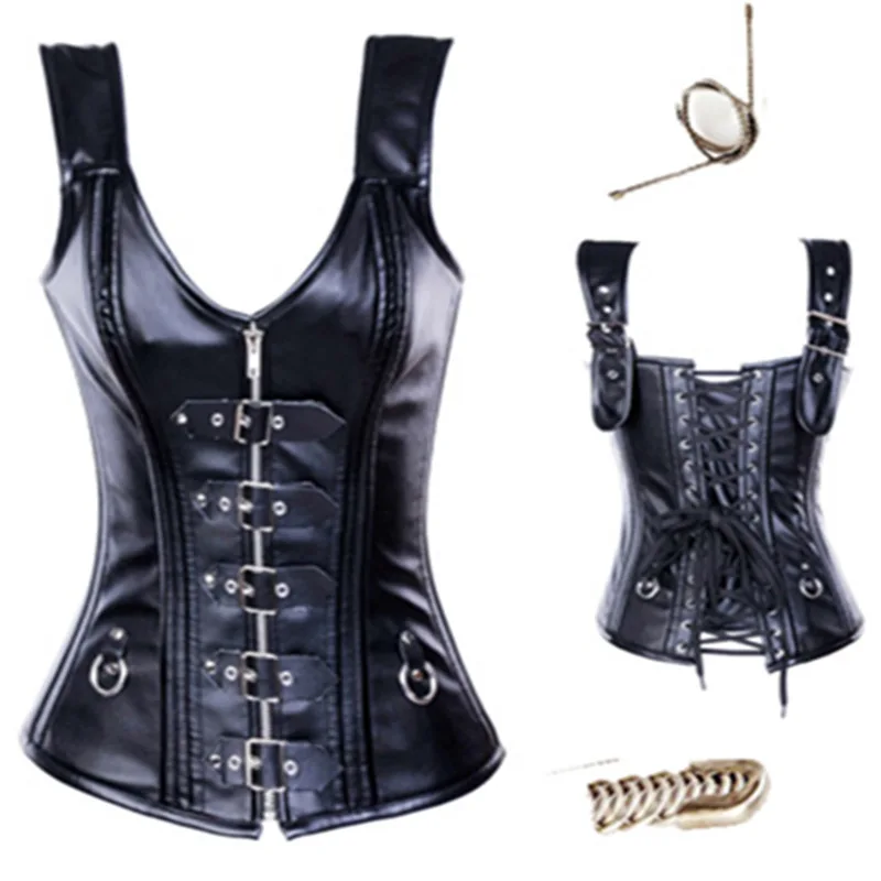 Womens Black Faux Leather Overbust Steampunk Buckle Vest Corset Zipper 