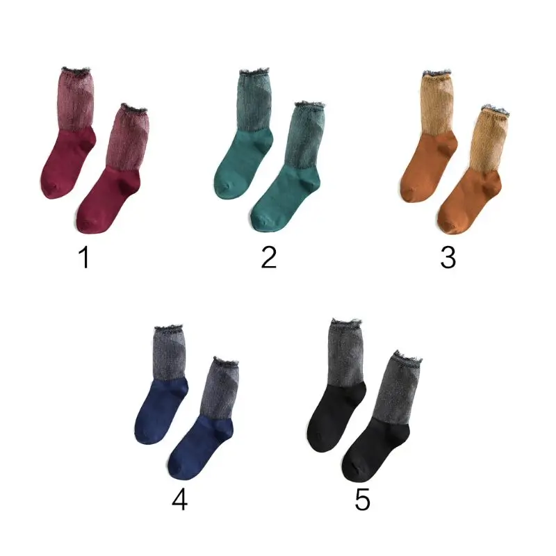

Women Girls Autumn Cotton Loose Long Ankle Socks Glitter Metallic Yarn Patchwork Solid Color Hosiery Ruffle Lace Trim Elegant 5