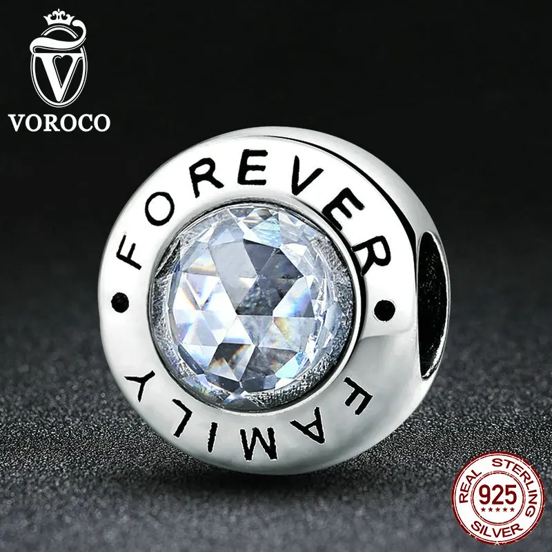 VOROCO New Arrival Classic 925 Sterling Silver Family Forever Clear CZ Bead Charm Fit VRC Bracelets