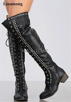 

Women Winter Round Toe Lace-up Knee High Rivet Low Heel Boots Black Brown Spike Long Knight Boots Motorcycle Boots