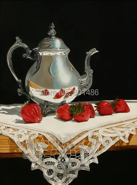 

Free shipping Strawberry & Teapot on a white blanket still life art oil painting print on canvas for kitchen wall picture decor