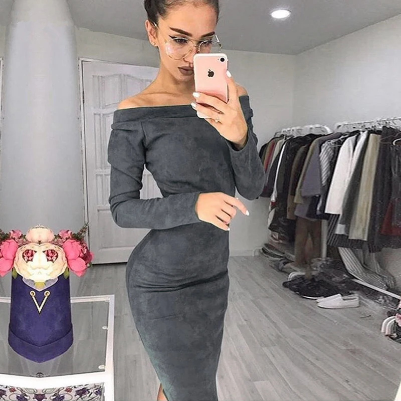 

Suede Dress 2019 Women Sexy Bodycon Party Dresses Long Sleeve Off Shoulder Sexy Club Mid Dress Female Vestidos de fiesta