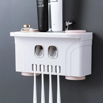 

Multi-functional Automatic Toothpaste Dispenser Dust-proof Toothbrush Holder With Cups No Nail Wall Stand Shelf 21.5*11.9*13.3cm