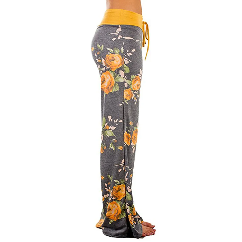 Брюки женские удобный стрейч цветочный принт шнурок Палаццо широкие брюки для отдыха дропшиппинг#25
