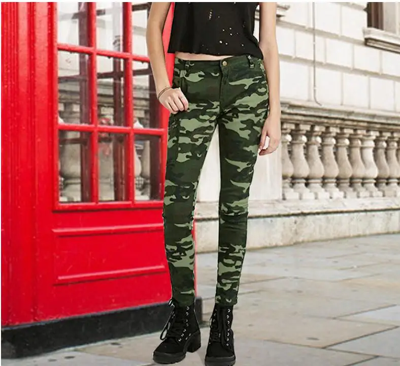 2019 Для женщин 'S S-5Xl плюс Размеры Chic Армейский зеленый обтягивающие джинсы для Для женщин Femme камуфляж укороченные брюки-карандаш брюки