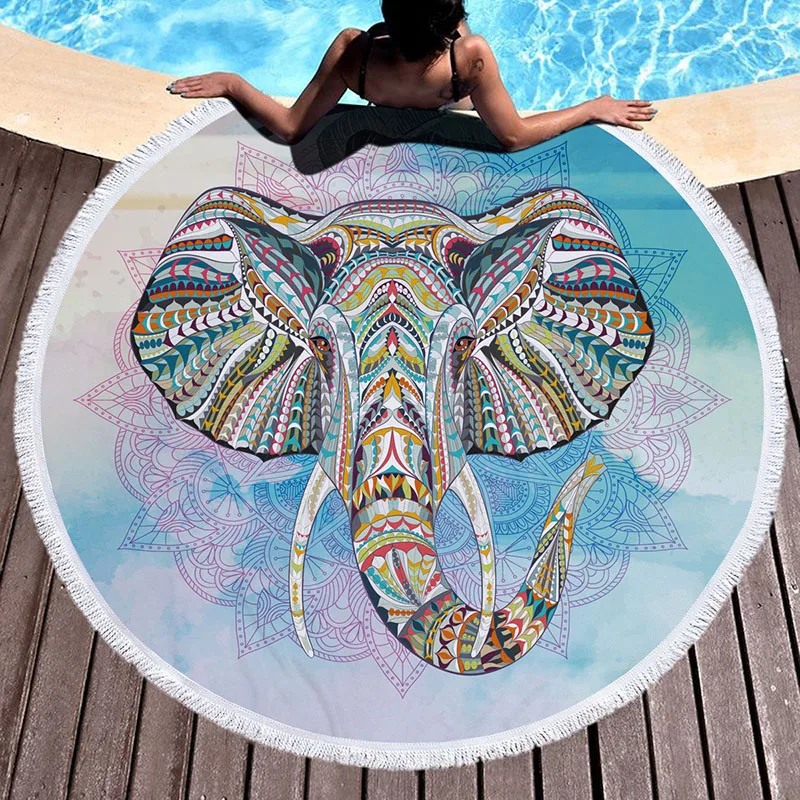 

Elephant Microfiber Round Beach Towel with Tassel Bohemian Large Sunbathe Bath Towels Picnic Blanket Yoga Mat Boho Tablecloth