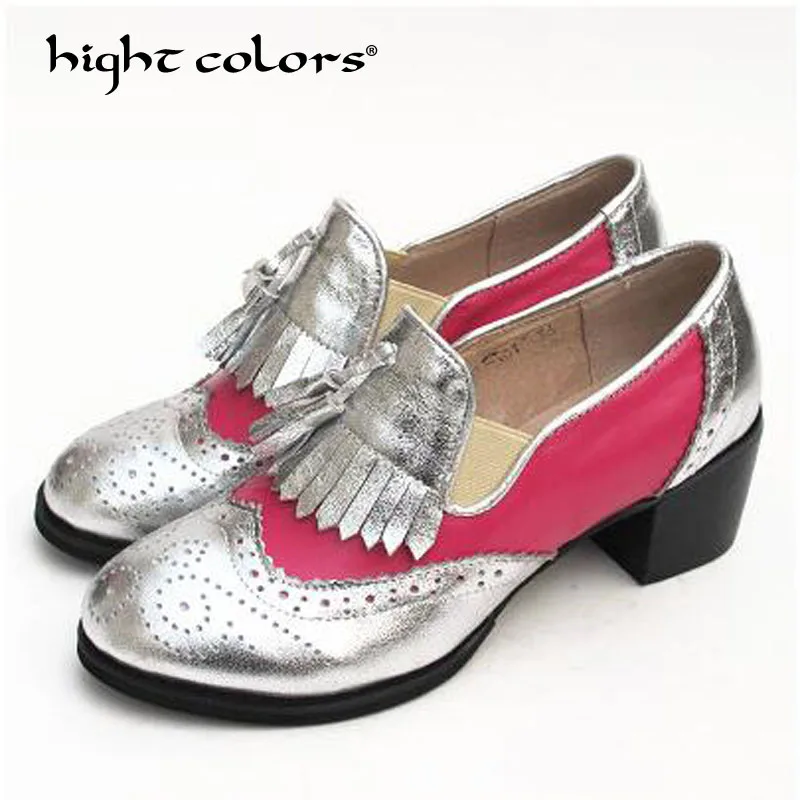 Высота цветов туфли-оксфорды для Для женщин британский стиль Туфли без каблуков броги женская кожаная обувь ручной работы бахромой Туфли-оксфорды F63 - Цвет: rose silver