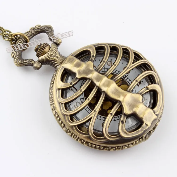 Ретро стимпанк бронза позвоночника ребра полые кварцевые карманные часы ожерелье кулон свитер цепь для женщин подарок P105