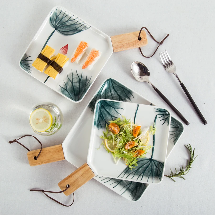 Керамические тарелки с деревянной ручкой китайский стиль квадратный фарфоровая тарелка творческий набор посуды
