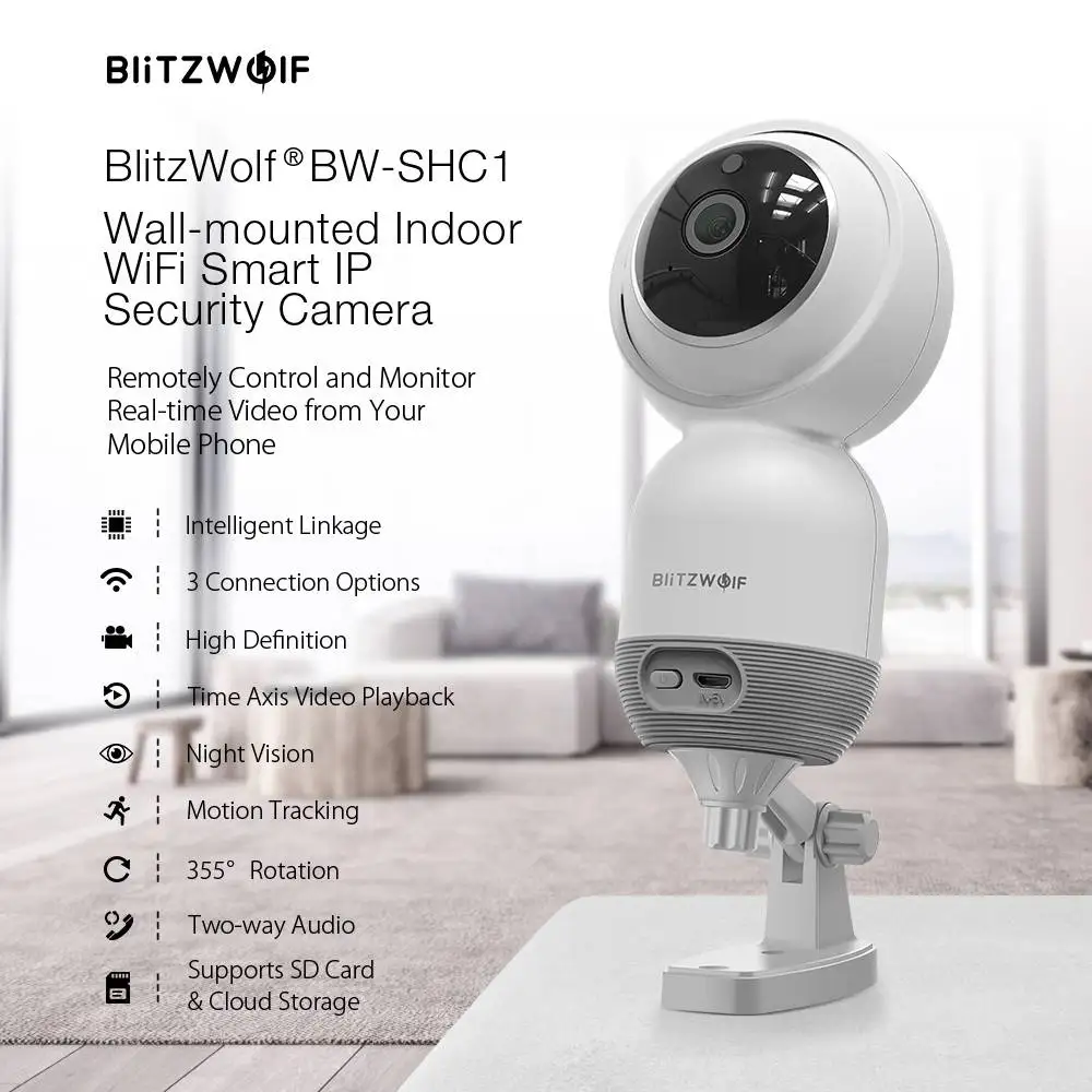 Камера видеонаблюдения Blitzwolf Wi Fi 1080P PTZ 2 сторонняя аудиосвязь IP поддержка SD карты