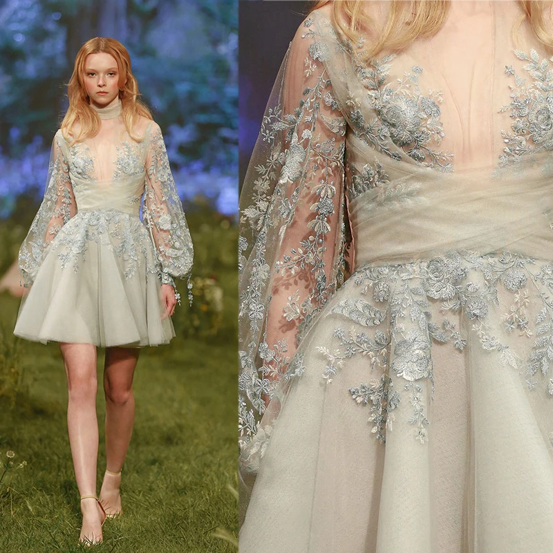 

Newest Cocktail Dresses Short High Neck Long Big Sleeve Sheer Lace Appliques Mini Sliver Paolo Sebastian 2017 Homecoming Dresses