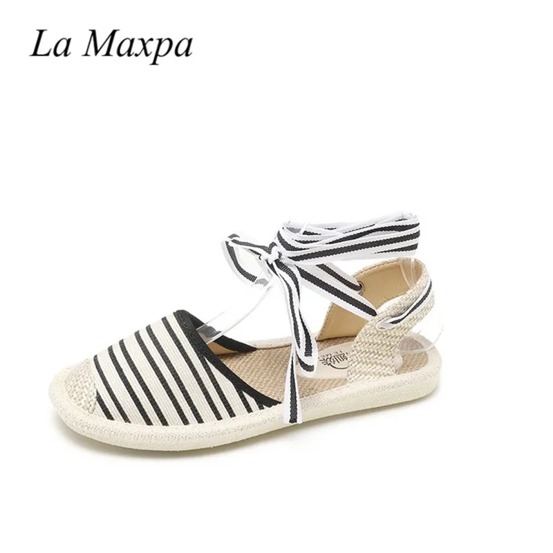 

La Maxpa Canvas Espadrille Women Flats Ankle Strap Hemp Bottom Fisherman Shoes For 2018 Spring / Autumn Ladies Strip Loafers