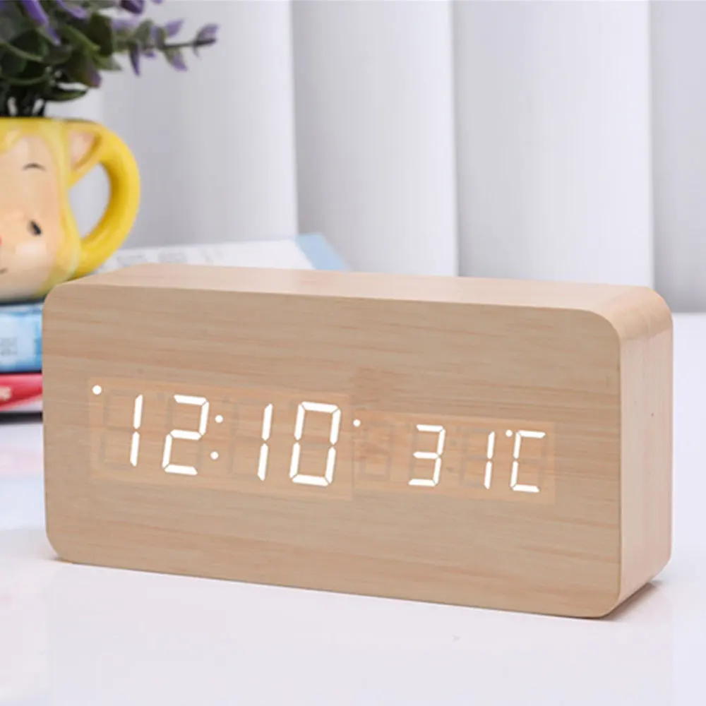Wooden LED Alarm Clocks Morden Temperature Electronic Clock Sounds Control Digital Table Clock with Calendar for Bedroom Office