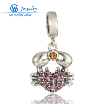 

925-Sterling-Silver Crab Charm & Pendant Fit Original Bracelet with Purple CZ 2016 Summer Drop Charm GW Jewelry S309H20