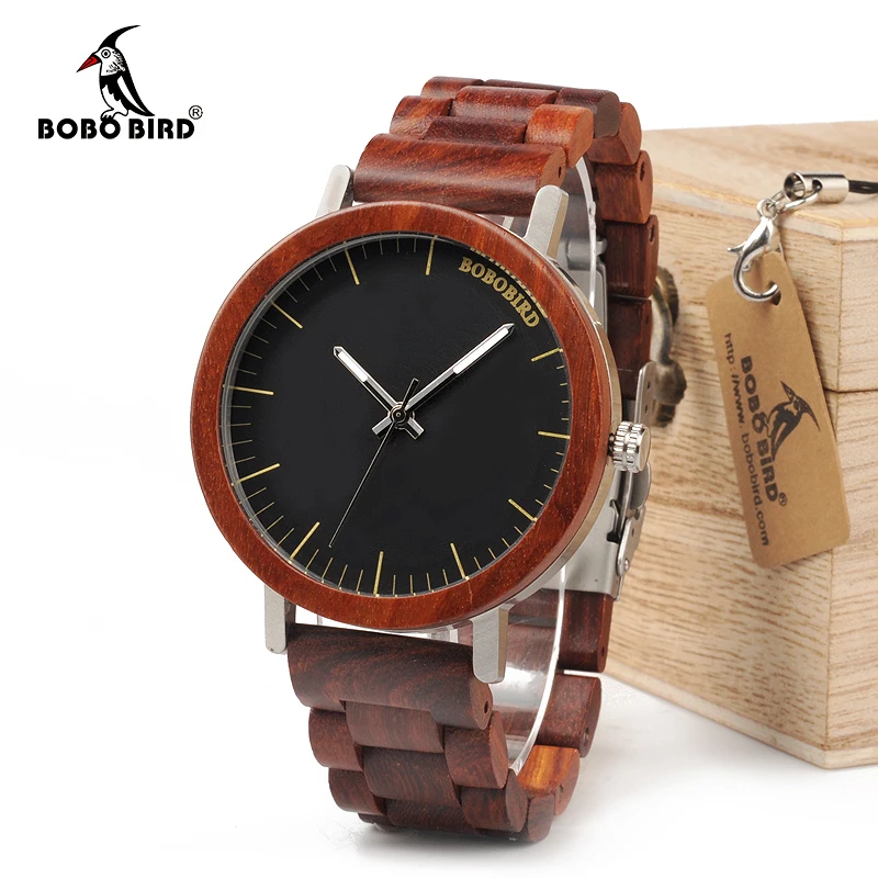 BOBO BIRD WM16 2017 Newest Brand Design Rose Wooden Watch for Men Cool Metal Case Wood Strap Quartz Watches Luxury Unisex Gift