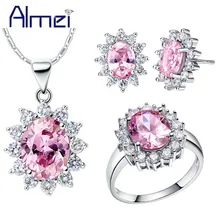 Almei Модные украшения комплекты CZ Циркон для женская свадебная розовый синий и красный цвета Кристалл Цепочки и ожерелья серебро Цвет аксессуары T466