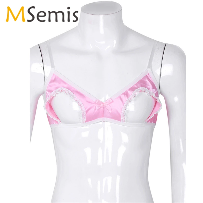 

Mens Sissy Bra Top Gay Underwear Soft Smooth Satin Hollow Out Nipples Adjustable Shoulder Straps Wire-free Sissy Male Bra