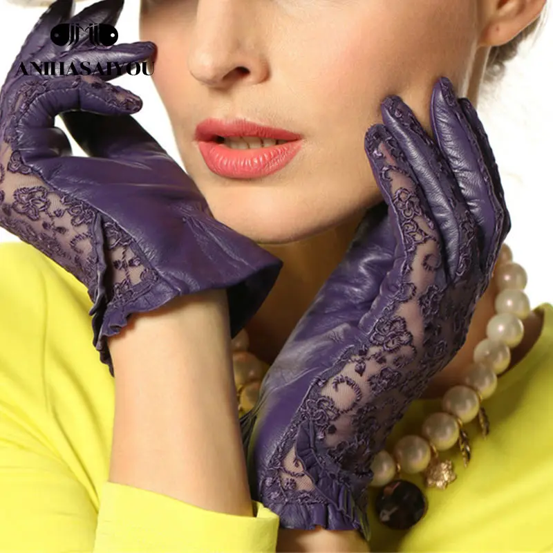 Высококачественные женские перчатки, женские кожаные перчатки для вождения, модные кружевные перчатки, короткие перчатки из натуральной кожи-L095 - Цвет: Темно-фиолетовый