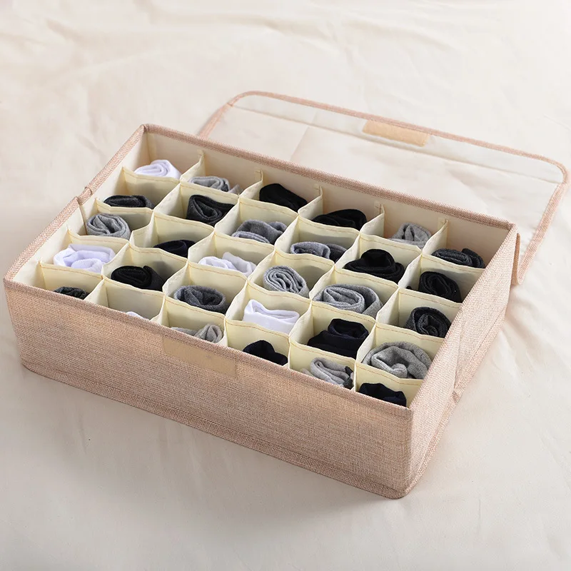 30 Gird Cotton Linen Drawer Organizers Underwear Storage Box Bra Underwear Socks Drawer Divider Container Wardrobe Storage Boxes