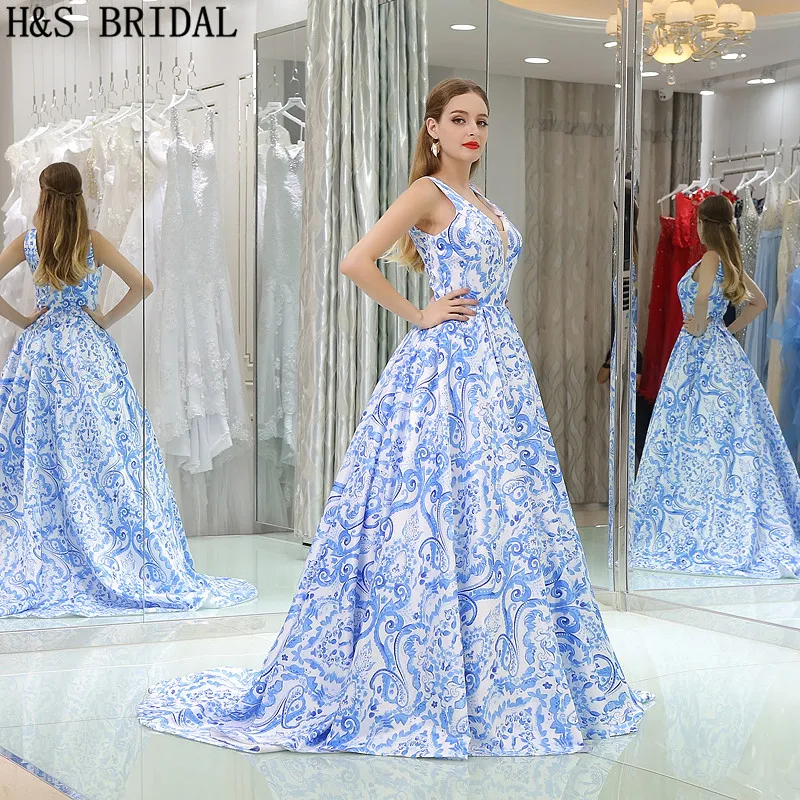 H & S свадебное элегантное платье casamento с v-образным вырезом и цветочным принтом, синее платье для выпускного вечера, длинные платья для