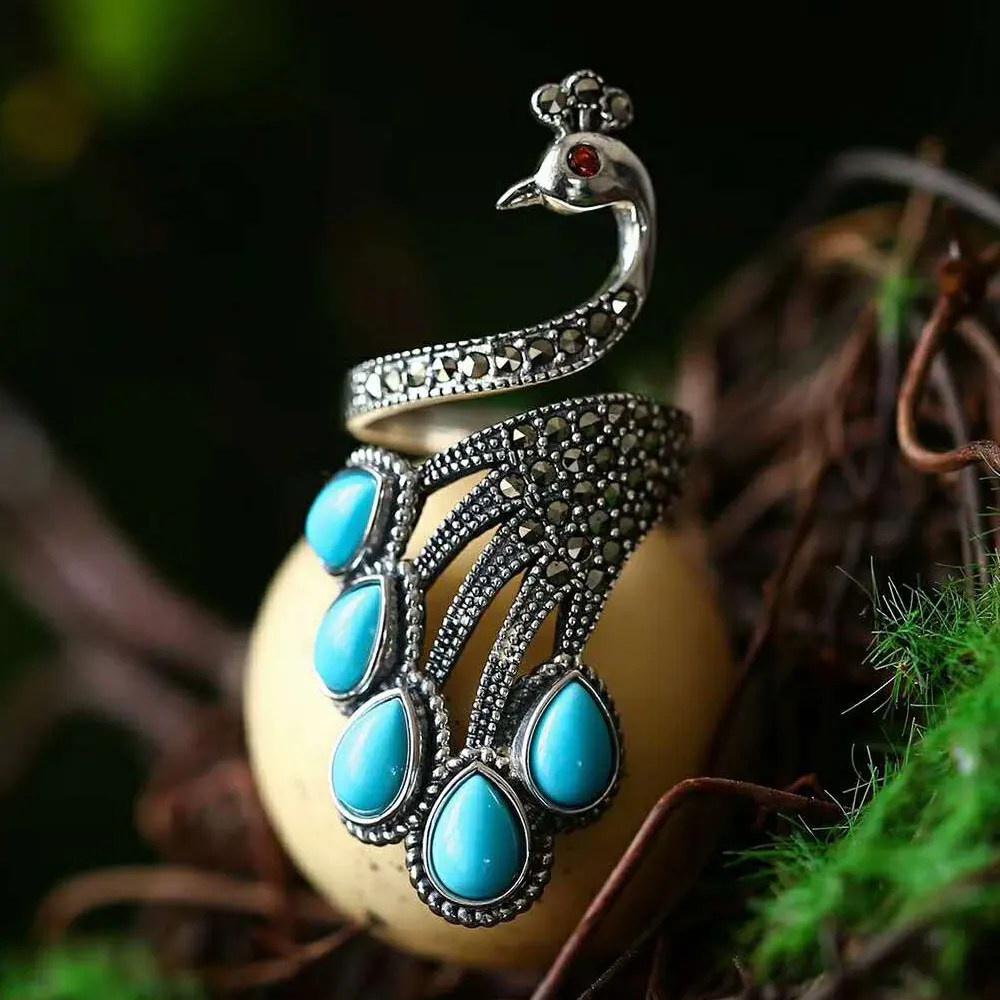 

RADHORSE 925 Silver Rings for Women Fine Jewelry Turquoise Peacock luxurious Modeling Sterling Silver Ring Adjustable Silver