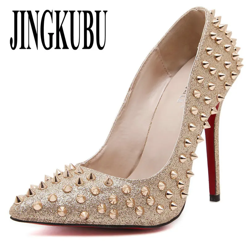 

JINGKUBU 2019 New Women Gold Rivet Pumps Pointed and thin rivet shoes sexy Comfortable Nightclub pumps Party High-heeled shoes