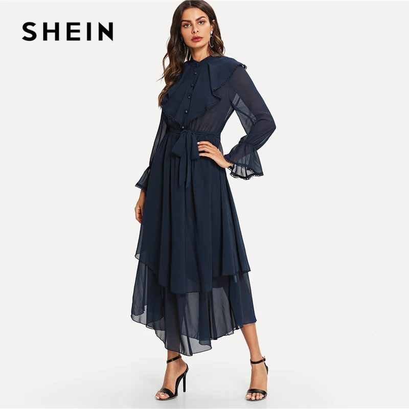 Buy SHEIN Ruffle Detail Crochet Trim Flowy Dress Navy