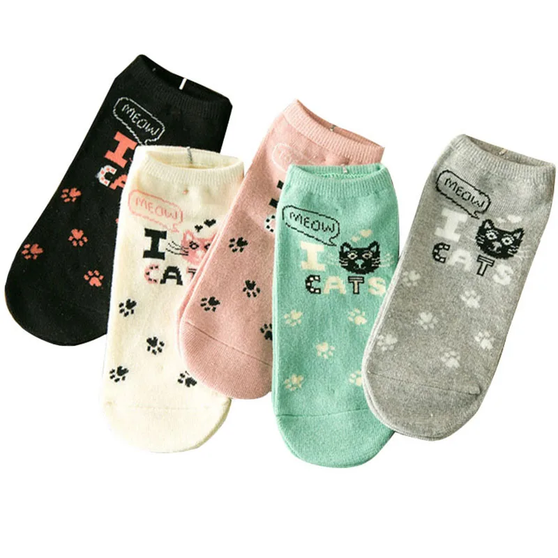 

5 Pairs New Low Cut Ankle Socks Cartoon Cute Cat Face Invisible Shallow Mouth Women's Cotton Short Socks Low Cut Ankle Socks Sox
