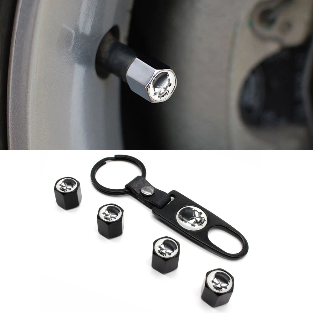 1Set Zinc Alloy Anti theft Car Wheel Tire Valve Caps Stem Air + Leather