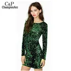 Save 1.12 on FANALA Sequined Dress Women Party Sexy Dress Stretch Bodycon Spring Autumn O-Neck Long Sleeve Backless Mini Dress Green Vestido