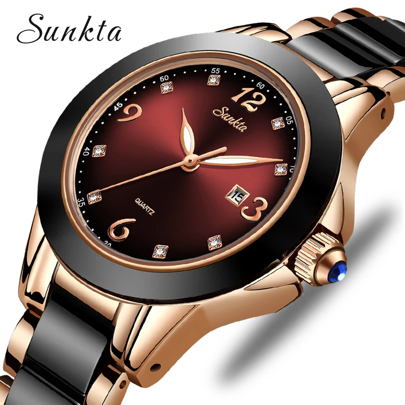 Marca de Moda Cerâmica e Liga Sunkta Relógio Feminino Luxo Pulseira Analógico Pulso Montre 2019